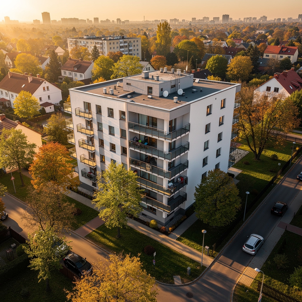 Ujęcie dronem fasady budynku mieszkalnego i okolicy